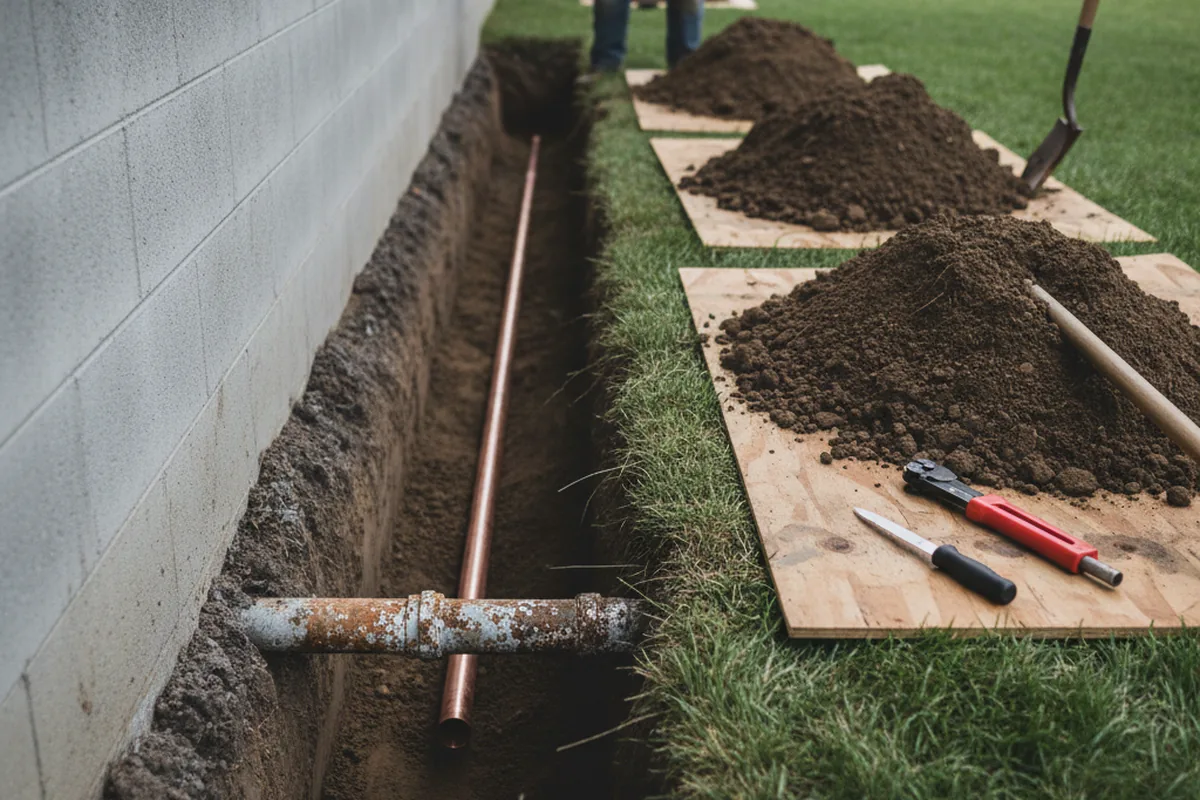 Excavated water line trench during Water Softener Installation in Mustang